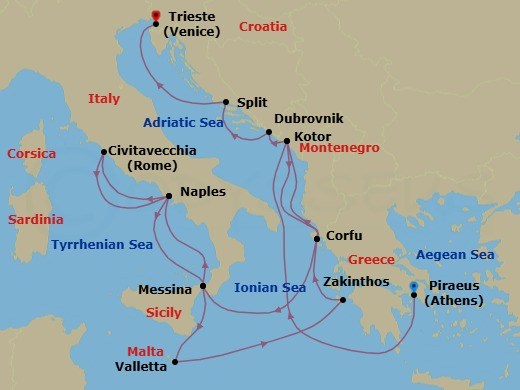 Route map: Piraeus (Athens), Greece → Kotor, Montenegro → Kerkira, Nisos Kerkira (Corfu), Greece → Messina, Italy → Naples (Pompeii/Amalfi), Italy → Civitavecchia (Rome), Italy → Naples (Pompeii/Amalfi), Italy → Messina, Italy → Valletta, Malta → Zakinthos, Greece