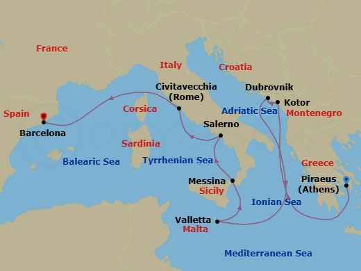 Route map: Athens (Piraeus) → Kotor → Dubrovnik → Valletta → Messina (Sicily) → Salerno → Rome (Civitavecchia) → Barcelona