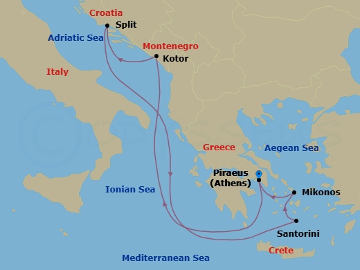 Route map: Athens (Piraeus), Greece → Kotor, Montenegro → Split, Croatia → Santorini, Greece → Mykonos, Greece → Athens (Piraeus), Greece