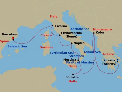 Route map: Piraeus (Athens), Greece → Kotor, Montenegro → Valletta, Malta → Messina, Italy → Naples (Pompeii/Amalfi), Italy → Civitavecchia (Rome), Italy → Livorno (Florence/Pisa), Italy → Barcelona, Spain