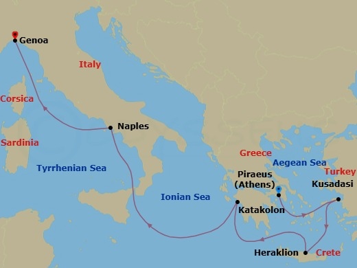 Route map: Piraeus (Athens) Greece → Kusadasi Turkey → Heraklion (Crete) Greece → Katakolon (Olympia) Greece → Naples (Pompeii) Italy → Genoa (Portofino) Italy