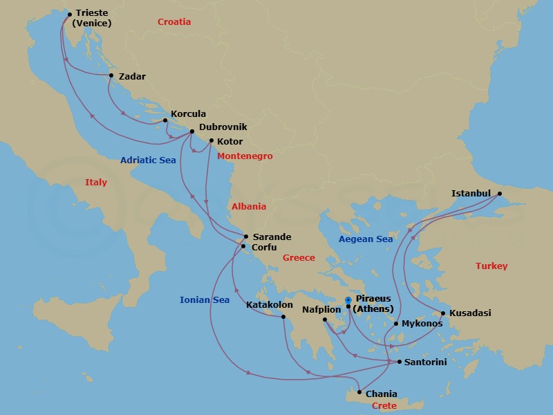 Route map: Piraeus (Athens), Greece → Kusadasi (Ephesus), Turkey → Istanbul, Turkey → Mykonos, Greece → Souda (Chania), Greece → Katakolon (Olympia), Greece → Sarande, Albania → Dubrovnik, Croatia → Trieste (Venice), Italy → Zadar, Croatia