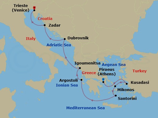 Route map: Athens (Piraeus) → Ephesus (Kusadasi) → Mykonos → Santorini → Argostoli (Cephalonia) → Igoumenitsa → Dubrovnik → Zadar → Trieste