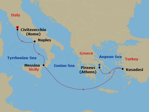 Route map: Athens (Piraeus) → Ephesus (Kusadasi) → Sicily (Messina) → Naples → Rome (Civitavecchia)