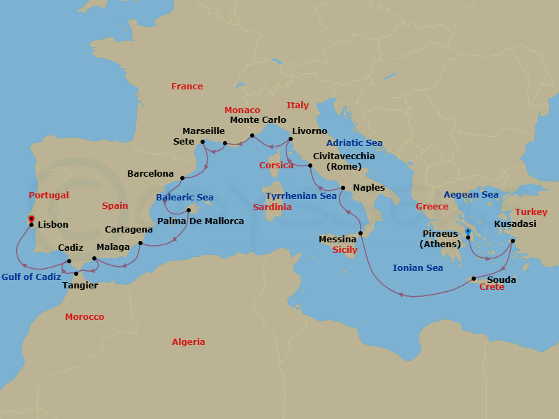 Route map: Athens (Piraeus) → Ephesus (Kusadasi) → Crete (Souda Bay) → Sicily (Messina) → Naples → Rome (Civitavecchia) → Florence/Pisa (Livorno) → Monte Carlo → Marseille → Sete