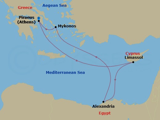 Route map: Athens (Piraeus) → Limassol → Alexandria → Mykonos → Athens (Piraeus)