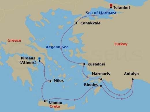 Route map: Athens (Piraeus) → Milos → Chania (Crete) → Rhodes → Antalya → Marmaris → Kusadasi → Canakkale (Troy) → Istanbul