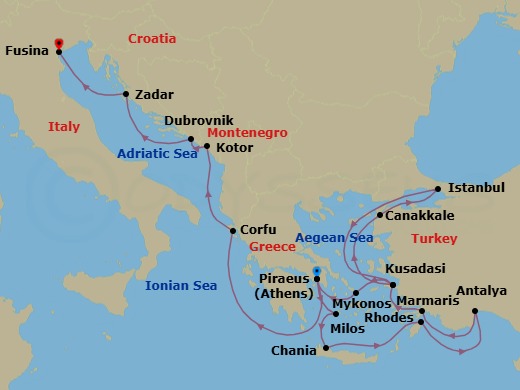 Route map: Athens (Piraeus) → Milos → Chania → Rhodes → Antalya → Marmaris → Kusadasi → Canakkale → Istanbul → Kusadasi