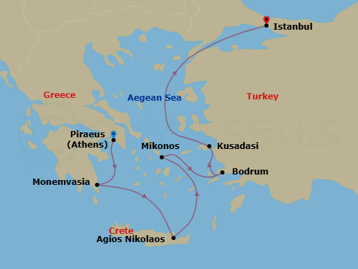 Route map: Piraeus (Athens), Greece → Monemvasia, Greece → Agios Nikolaos, Crete, Greece → Mykonos, Greece → Bodrum, Turkey → Kusadasi (Ephesus), Turkey → Istanbul, Turkey