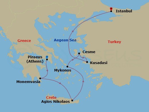 Route map: Piraeus (Athens), Greece → Monemvasia, Greece → Agios Nikolaos, Crete, Greece → Mykonos, Greece → Cesme, Turkey → Kusadasi (Ephesus), Turkey → Istanbul, Turkey