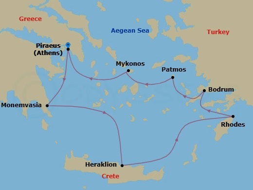 Route map: Athens (Piraeus) → Monemvasia → Heraklion, (Crete) → Rhodes → Bodrum → Patmos → Mykonos → Athens (Piraeus)