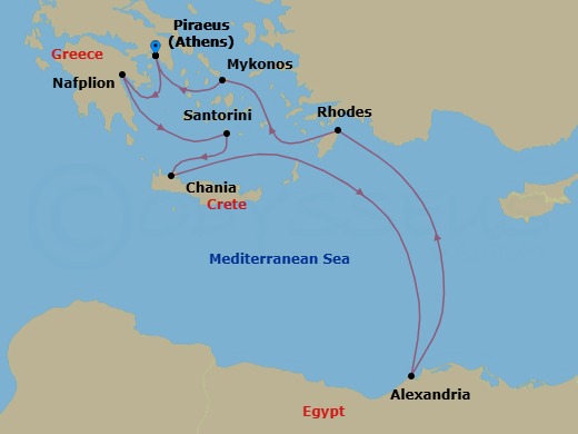 Route map: Athens (Piraeus) → Nafplion → Santorini → Chania → Alexandria → Rhodes → Mykonos → Athens (Piraeus)