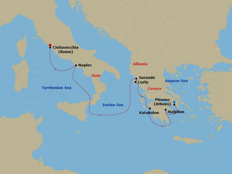 Route map: Piraeus (Athens), Greece → Nafplion, Greece → Katakolon (Olympia), Greece → Corfu, Greece → Sarande, Albania → Naples (Pompeii/Amalfi), Italy → Civitavecchia (Rome), Italy