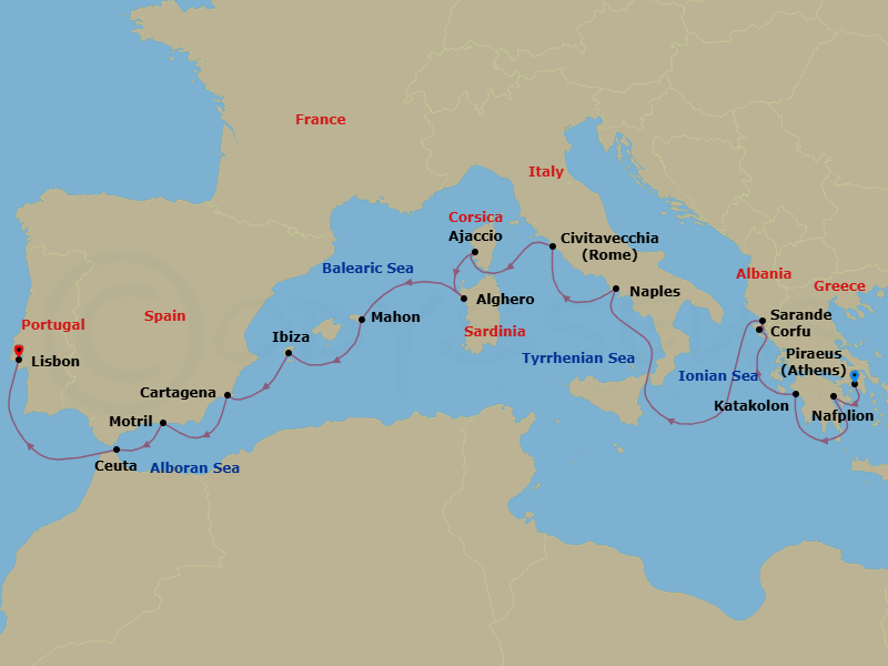 Route map: Piraeus (Athens), Greece → Nafplion, Greece → Katakolon (Olympia), Greece → Corfu, Greece → Sarande, Albania → Naples (Pompeii/Amalfi), Italy → Civitavecchia (Rome), Italy → Ajaccio, Corsica, France → Alghero, Italy → Mahon, Menorca, Spain