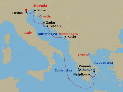 Route map: Piraeus (Athens), Greece → Nafplion, Greece → Kotor, Montenegro → Vodice (Sibenik), Croatia → Zadar, Croatia → Koper, Slovenia → Fusina (Venice), Italy
