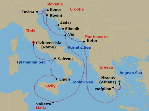 Route map: Piraeus (Athens), Greece → Nafplion, Greece → Kotor, Montenegro → Vodice (Sibenik), Croatia → Zadar, Croatia → Koper, Slovenia → Fusina (Venice), Italy → Rovinj, Croatia → Vis Island, Croatia → Valletta, Malta