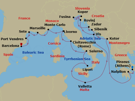Route map: Piraeus (Athens), Greece → Nafplion, Greece → Kotor, Montenegro → Vodice (Sibenik), Croatia → Zadar, Croatia → Koper, Slovenia → Fusina (Venice), Italy → Rovinj, Croatia → Vis Island, Croatia → Valletta, Malta