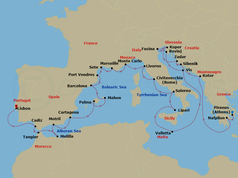 Route map: Piraeus (Athens), Greece → Nafplion, Greece → Kotor, Montenegro → Vodice (Sibenik), Croatia → Zadar, Croatia → Koper, Slovenia → Fusina (Venice), Italy → Rovinj, Croatia → Vis Island, Croatia → Valletta, Malta