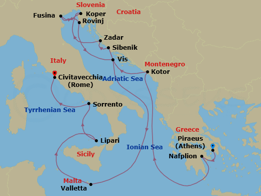 Route map: Piraeus (Athens), Greece → Nafplion, Greece → Kotor, Montenegro → Vodice (Sibenik), Croatia → Zadar, Croatia → Koper, Slovenia → Fusina (Venice), Italy → Rovinj, Croatia → Vis Island, Croatia → Valletta, Malta