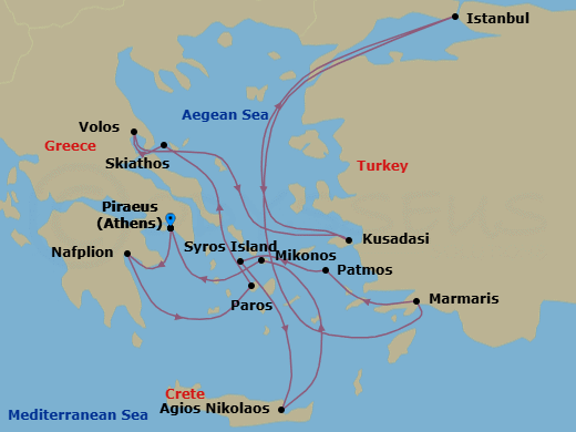 Route map: Piraeus (Athens) → Nafplion → Paros → Skiathos → Volos → Kusadasi → Istanbul → Marmaris → Patmos → Syros (Syra)