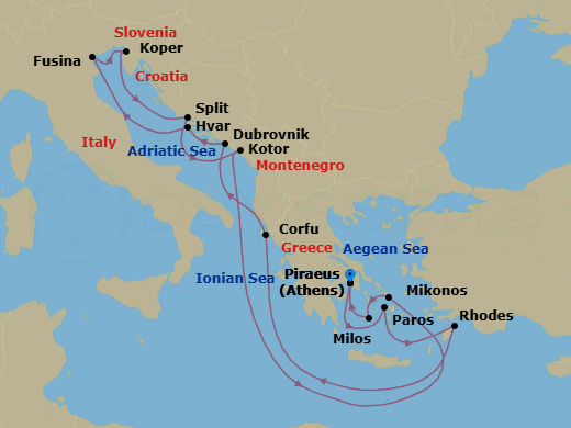 Route map: Piraeus (Athens) → Paros → Rhodes → Corfu → Dubrovnik → Hvar → Fusina (Venice) → Koper → Split → Kotor