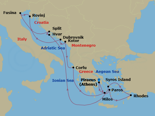 Route map: Piraeus (Athens) → Paros → Rhodes → Syros (Syra) → Hvar → Split → Fusina (Venice) → Rovinj → Dubrovnik → Kotor