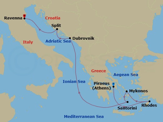 Route map: Athens (Piraeus), Greece → Rhodes, Greece → Mykonos, Greece → Santorini, Greece → Dubrovnik, Croatia → Split, Croatia → Ravenna, Italy