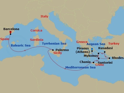 Route map: Athens (Piraeus), Greece → Rhodes, Greece → Ephesus (Kusadasi), Turkey → Mykonos, Greece → Santorini, Greece → Chania (Souda),Crete, Greece → Sicily (Palermo),Italy → Barcelona, Spain