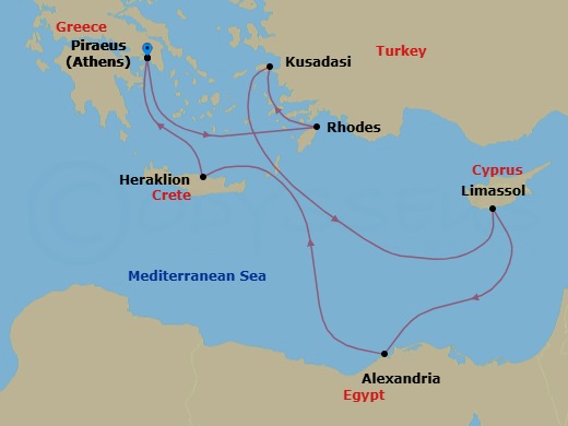 Route map: Athens (Piraeus), Greece → Rhodes, Greece → Ephesus (Kusadasi), Turkey → Limassol, Cyprus → Alexandria, Egypt → Heraklion (Iraklion), Crete → Athens (Piraeus), Greece