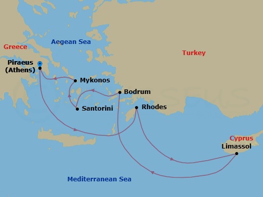 Route map: Athens (Piraeus) → Rhodes → Limassol → Bodrum → Santorini → Mykonos → Athens (Piraeus)
