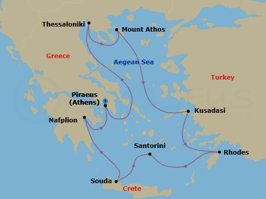 Route map: Athens (Piraeus) → Thessaloniki → Scenic Sailing Mt Athos → Ephesus (Kusadasi) → Rhodes → Santorini (Thira) → Crete (Souda Bay) → Nafplio → Athens (Piraeus)