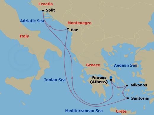 Route map: Athens (Piraeus), Greece → Split, Croatia → Bar, Montenegro → Santorini, Greece → Mykonos, Greece → Athens (Piraeus), Greece