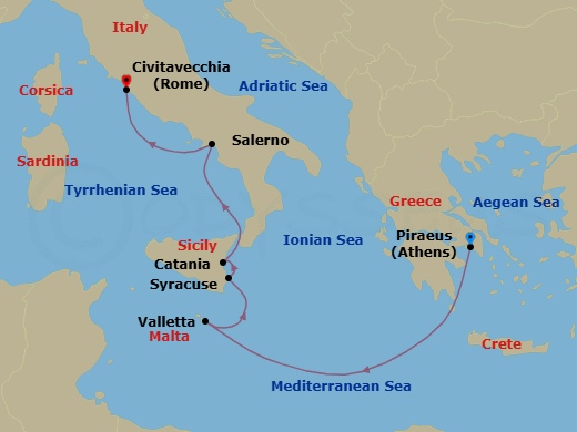 Route map: Athens (Piraeus) → Valletta → Siracusa, Sicily → Catania, (Sicily) → Amalfi Coast (Salerno) → Rome (Civitavecchia)