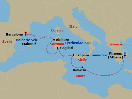 Route map: Piraeus (Athens), Greece → Valletta, Malta → Trapani, Italy → Cagliari, Sardinia, Italy → Alghero, Italy → Mahon, Menorca, Spain → Barcelona, Spain