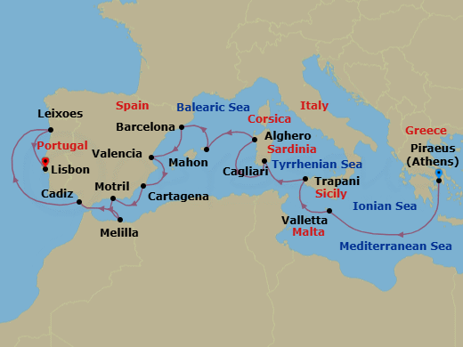 Route map: Piraeus (Athens), Greece → Valletta, Malta → Trapani, Italy → Cagliari, Sardinia, Italy → Alghero, Italy → Mahon, Menorca, Spain → Barcelona, Spain → Valencia, Spain → Cartagena, Spain → Motril (Granada), Spain