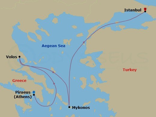 Route map: Athens (Piraeus) → Volos → Mykonos → Istanbul