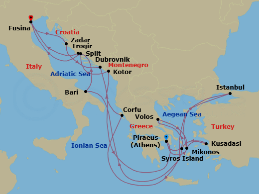 Route map: Piraeus (Athens) → Volos → Mykonos → Istanbul → Corfu → Kotor → Split → Fusina (Venice) → Zadar → Dubrovnik