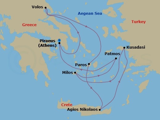 Route map: Piraeus (Athens) → Volos → Paros → Agios Nikolaos (Crete) → Kusadasi → Milos → Patmos → Piraeus (Athens)