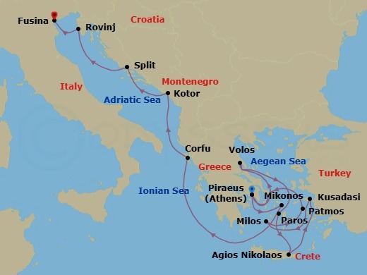 Route map: Piraeus (Athens) → Volos → Paros → Agios Nikolaos (Crete) → Kusadasi → Milos → Patmos → Piraeus (Athens) → Mykonos → Corfu