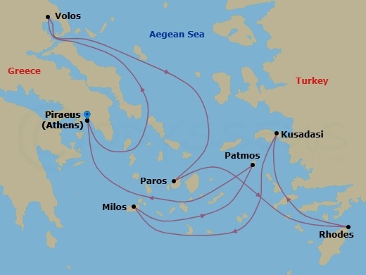 Route map: Piraeus (Athens) → Volos → Paros → Rhodes → Kusadasi → Milos → Patmos → Piraeus (Athens)