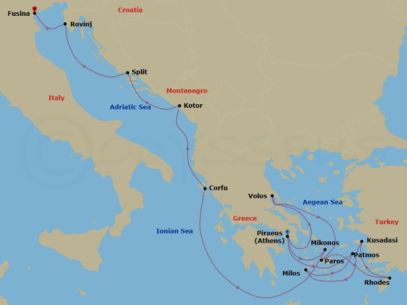 Route map: Piraeus (Athens) → Volos → Paros → Rhodes → Kusadasi → Milos → Patmos → Piraeus (Athens) → Mykonos → Corfu