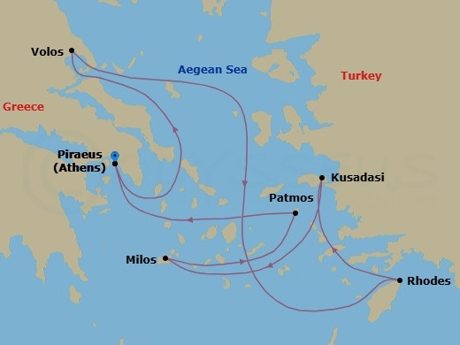 Route map: Piraeus (Athens) → Volos → Rhodes → Kusadasi → Milos → Patmos → Piraeus (Athens)