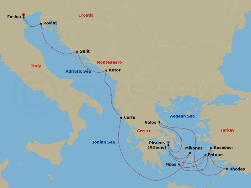 Route map: Piraeus (Athens) → Volos → Rhodes → Kusadasi → Milos → Patmos → Piraeus (Athens) → Mykonos → Corfu → Kotor