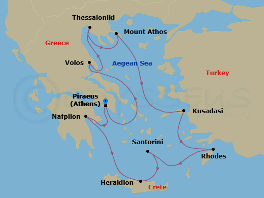 Route map: Athens (Piraeus) → Volos → Thessaloniki → Scenic Sailing Mt Athos → Ephesus (Kusadasi) → Rhodes → Santorini (Thira) → Crete (Heraklion) → Nafplio → Athens (Piraeus)
