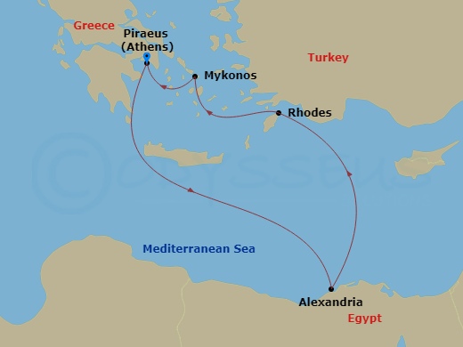 Route map: Piraeus (Athens), Greece → Alexandria (Cairo), Egypt → Rhodes, Greece → Mykonos, Greece → Piraeus (Athens), Greece