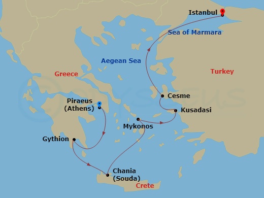 Route map: Athens (Piraeus) → Gythion → Chania → Mykonos → Kusadasi → Cesme, Turkey → Istanbul