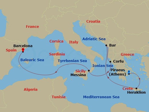 Route map: Athens (Piraeus), Greece → Crete (Heraklion), Greece → Bar, Montenegro → Corfu, Greece → Sicily (Messina), Italy → Barcelona, Spain