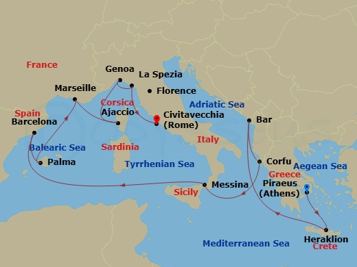 Route map: Athens (Piraeus), Greece → Crete (Heraklion), Greece → Bar, Montenegro → Corfu, Greece → Sicily (Messina), Italy → Barcelona, Spain → Mallorca (Palma), Spain → Marseille (Provence), France → Corsica (Ajaccio), France → Genoa (for Cinque Terre), Italy
