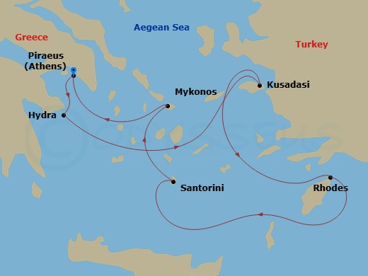 Route map: Athens (Piraeus), Greece → Hydra, Greece → Ephesus (Kusadasi), Turkey → Rhodes, Greece → Santorini, Greece → Mykonos, Greece → Athens (Piraeus), Greece