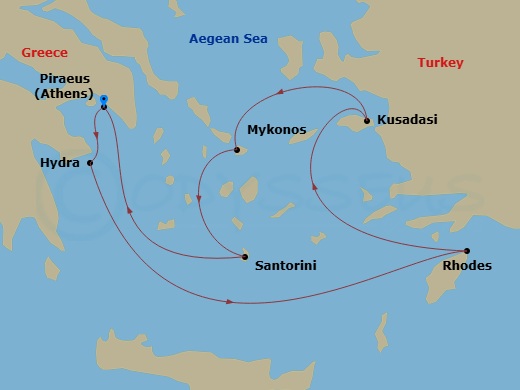 Route map: Athens (Piraeus), Greece → Hydra, Greece → Rhodes, Greece → Ephesus (Kusadasi), Turkey → Mykonos, Greece → Santorini, Greece → Athens (Piraeus), Greece